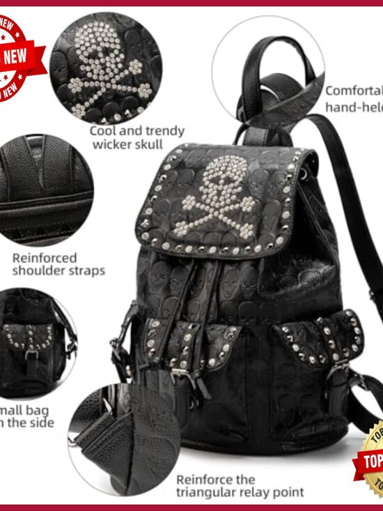 Gothic Skull Embossed Backpack with Rhinestones, Multi-Pocket Daypack main image 4